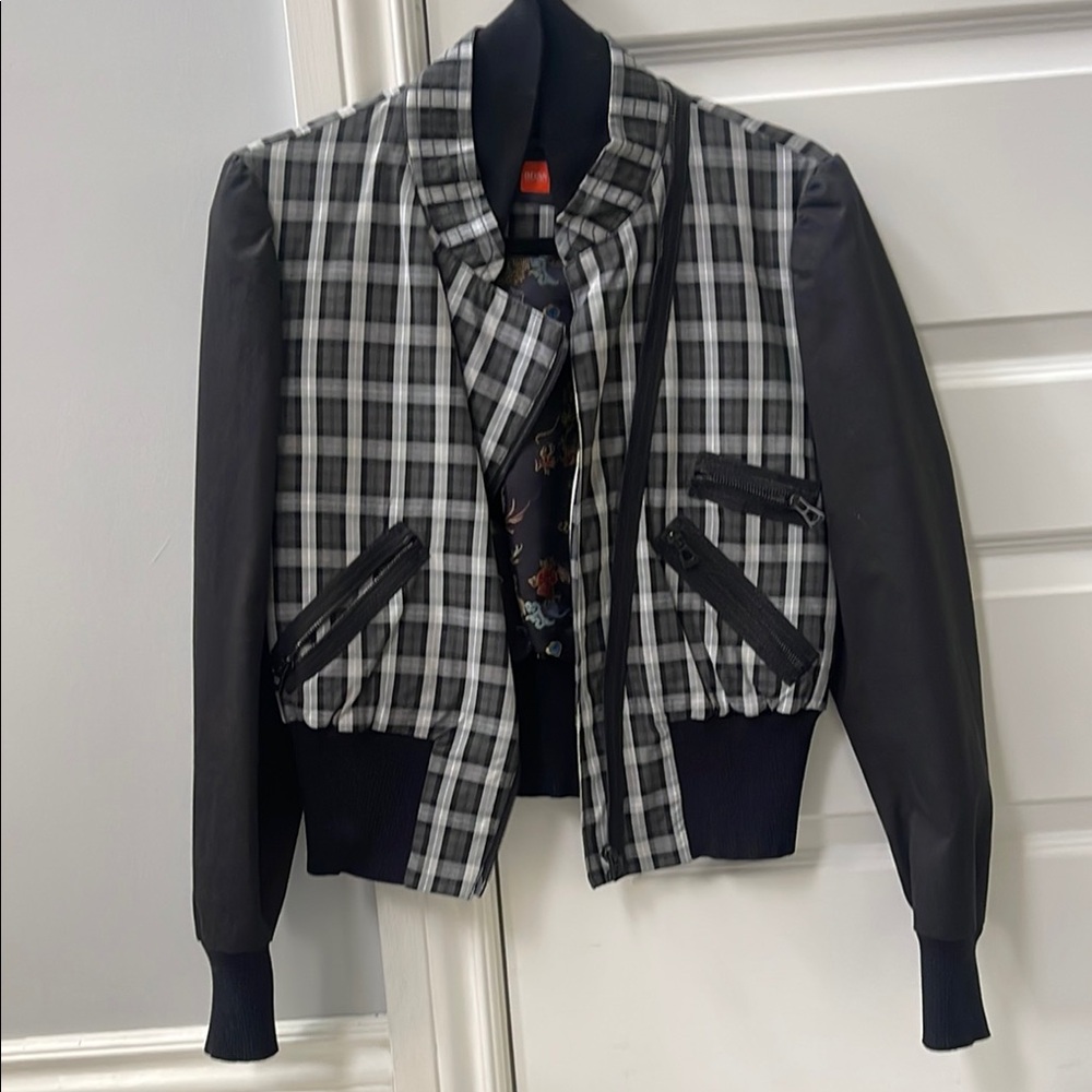 BOSS ORANGE Black and Gray Plaid Bomber Jacket